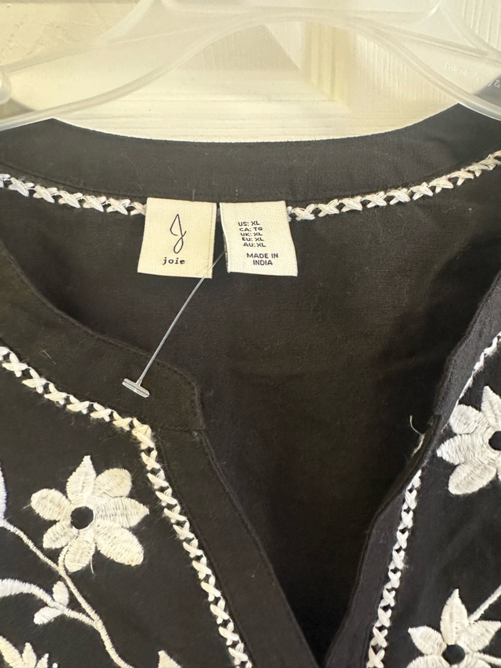 Joie Black Cotton Blouse with White Floral Embroidery - Picture 3 of 4